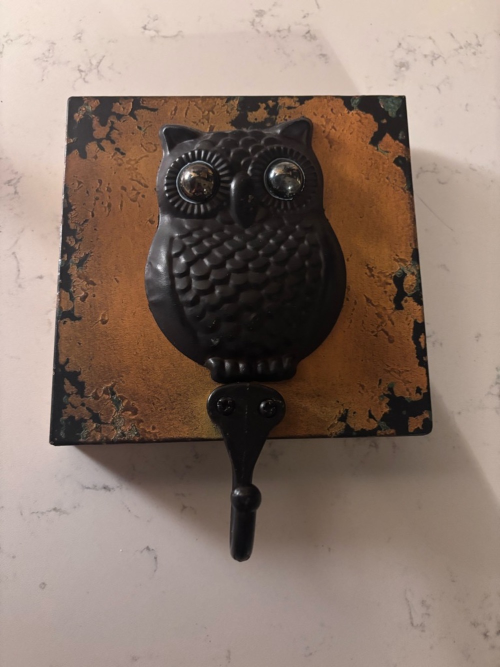 6"x6" Distressed Owl Wall Hook Décor in Black and Gold